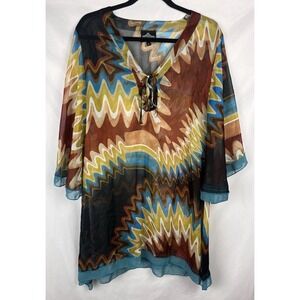 Angie Sheer Boho Tunic Top Cover Up Women's L Psychedelic Print Festival‎ Blouse